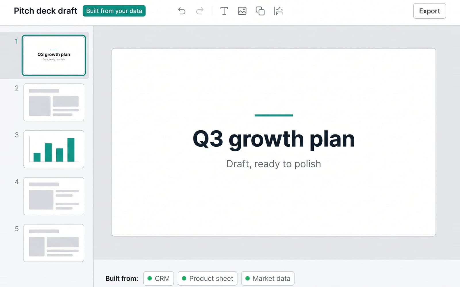 A slide editor with a draft pitch deck open on its title slide, built from connected data sources.