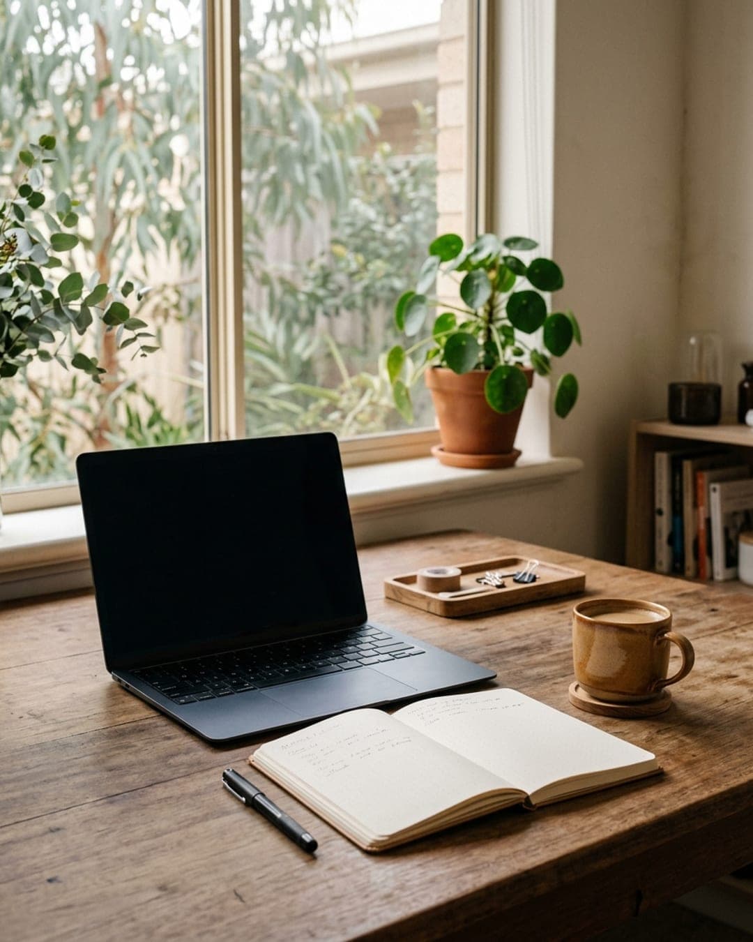Tidy office desk with a laptop, notebook and coffee, and a plant in the background