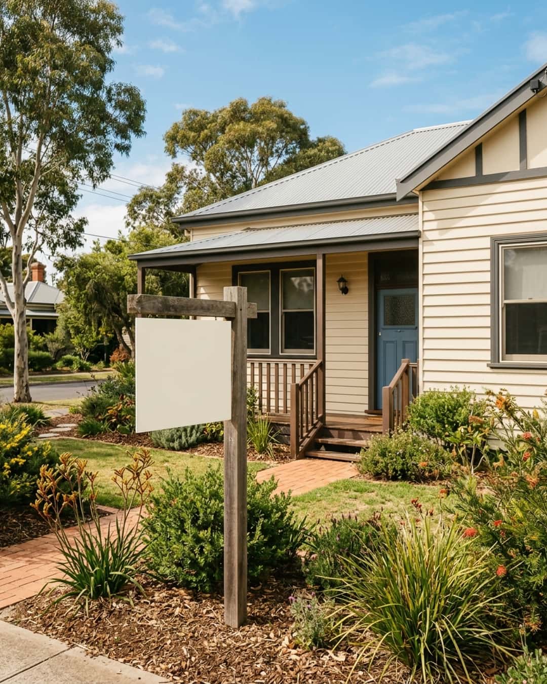 Front of a renovated weatherboard home with a sold sign under a blue sky
