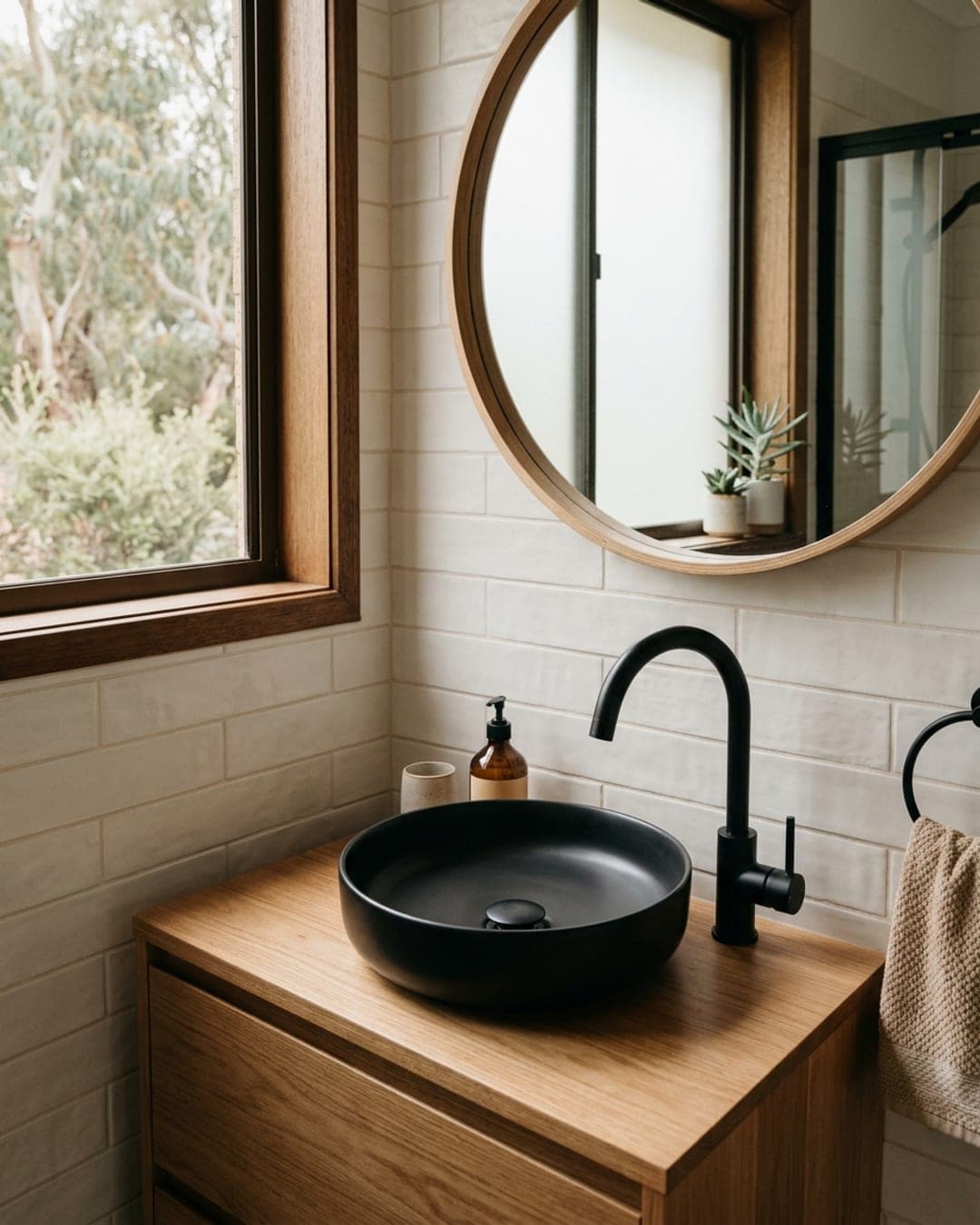 Newly installed matte black bathroom tapware and basin