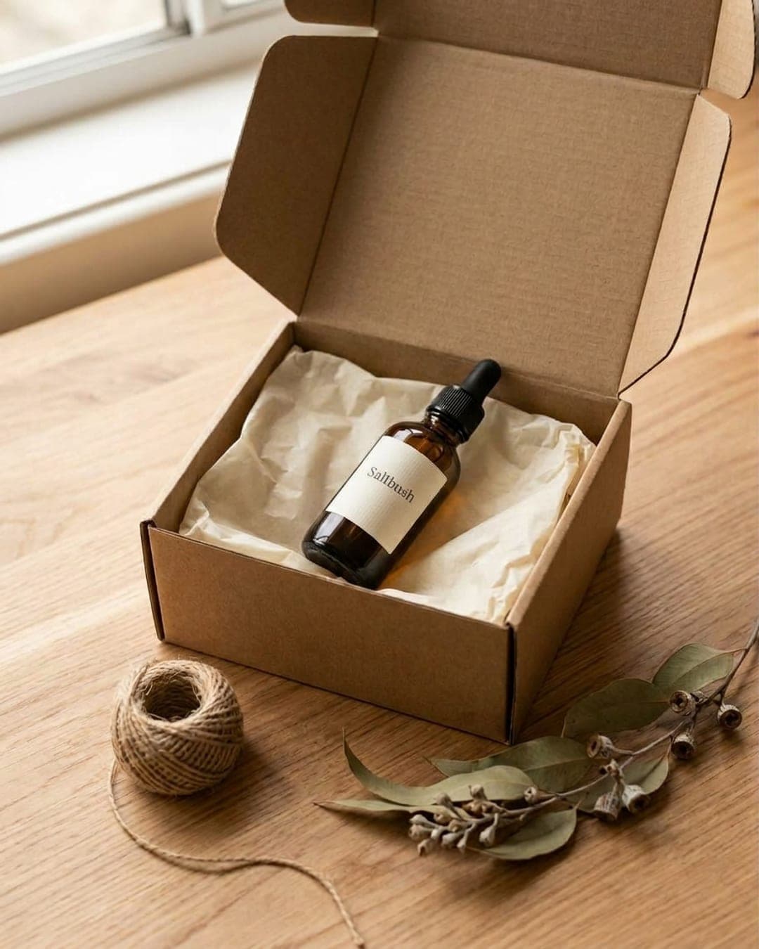 Open shipping box with tissue paper and the Saltbush serum bottle inside, on a timber bench