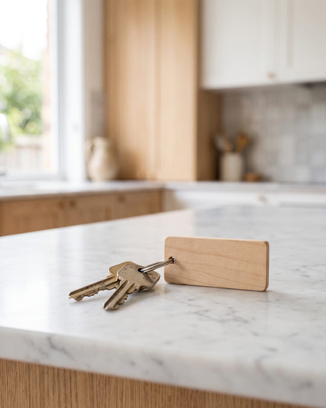 Set of house keys with a plain tag on a marble kitchen bench