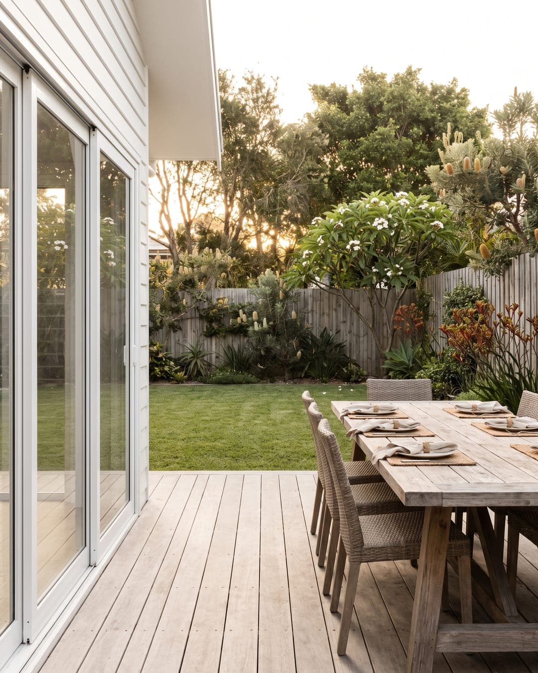 Backyard with a timber deck, a lawn and an outdoor dining table at golden hour