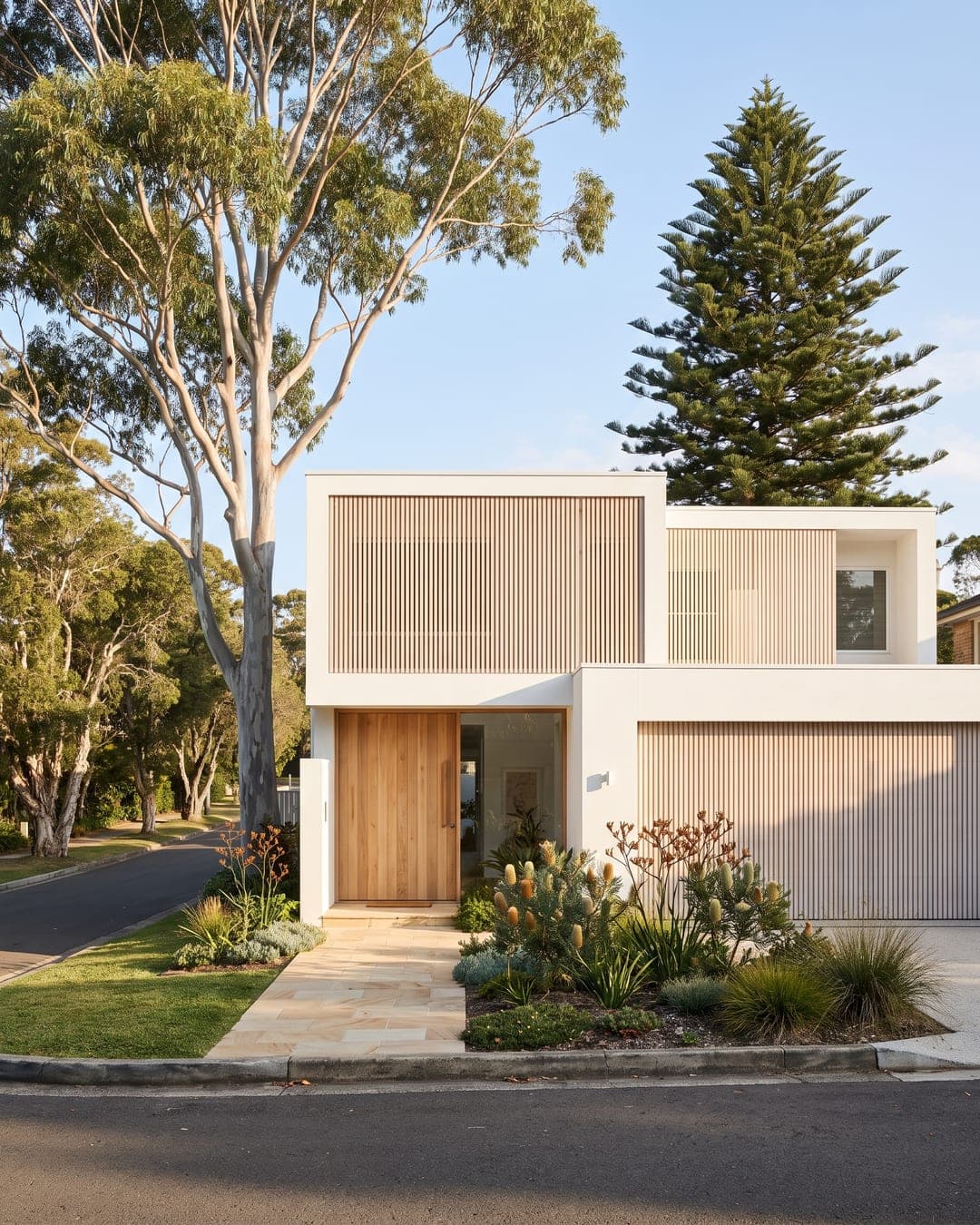 Front of a modern two-storey family home on a leafy street under a blue sky