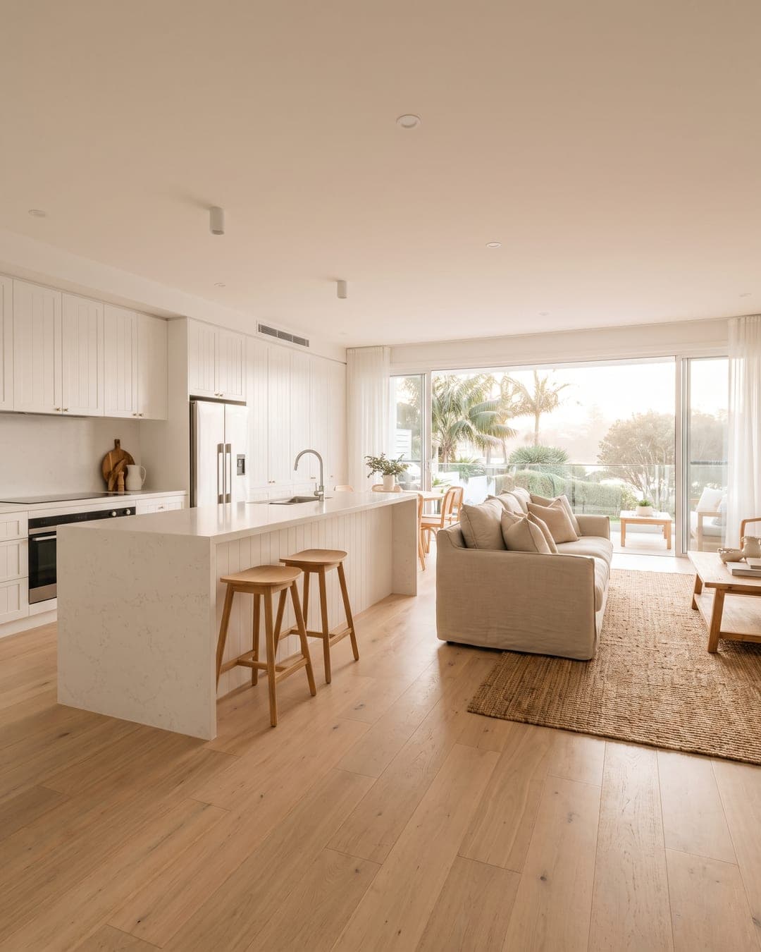 Bright renovated open-plan kitchen and living area with timber floors in morning light