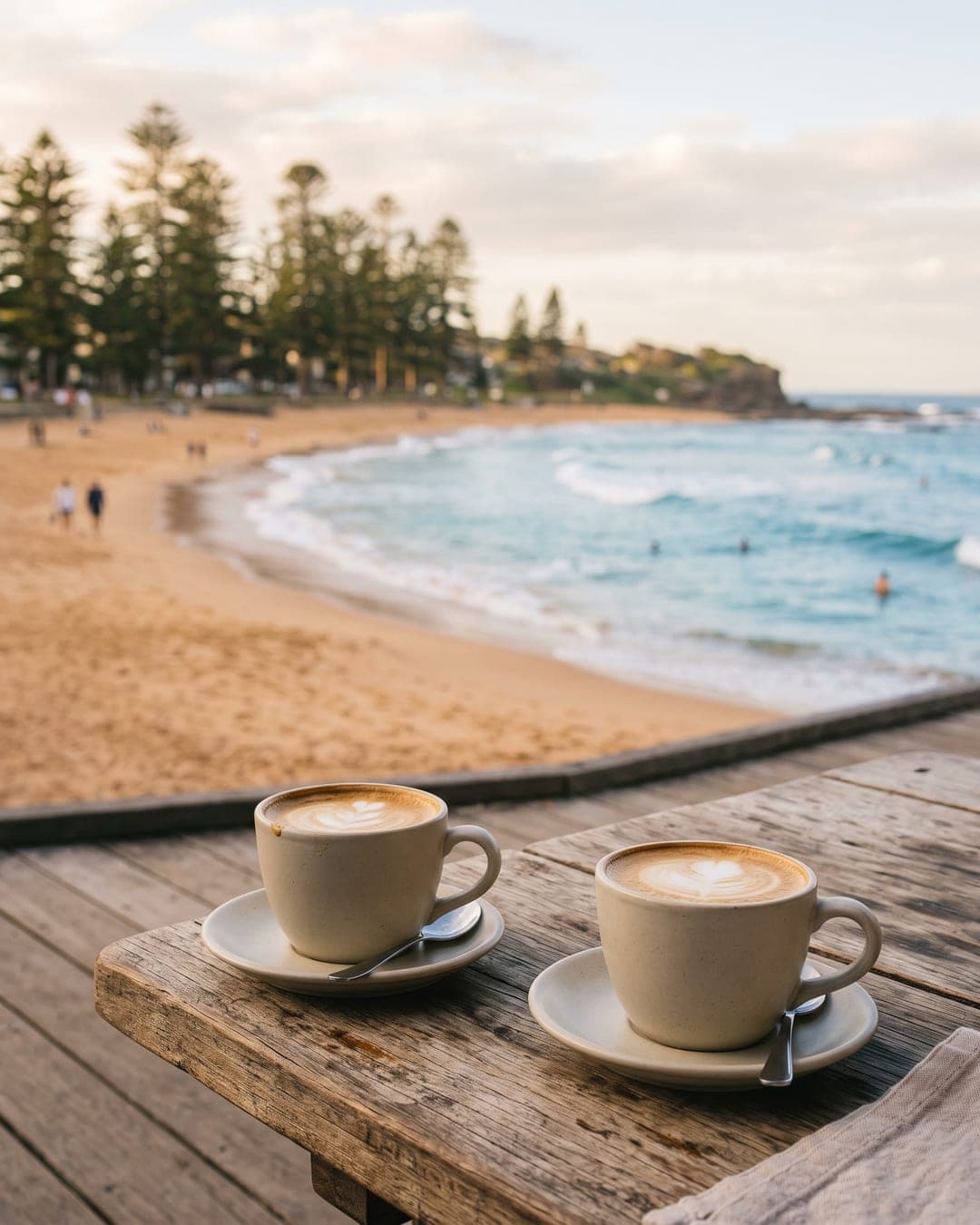 Coffee cups on an outdoor cafe table with the beach behind