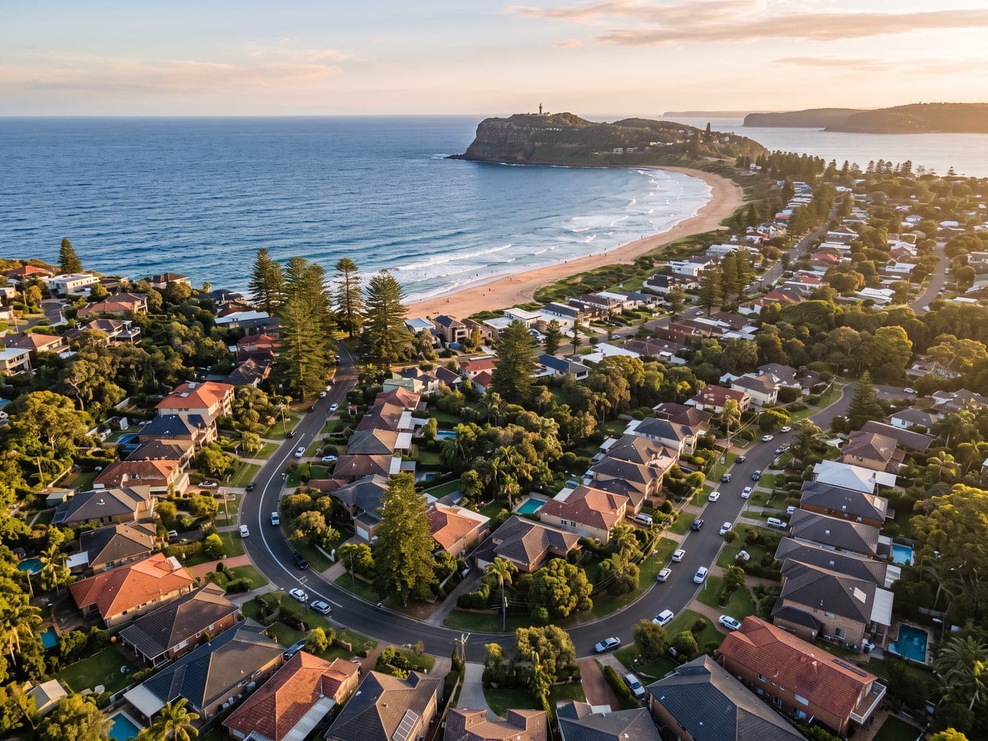 Aerial view of a beachside suburb with rooftops, trees and the ocean in late afternoon light