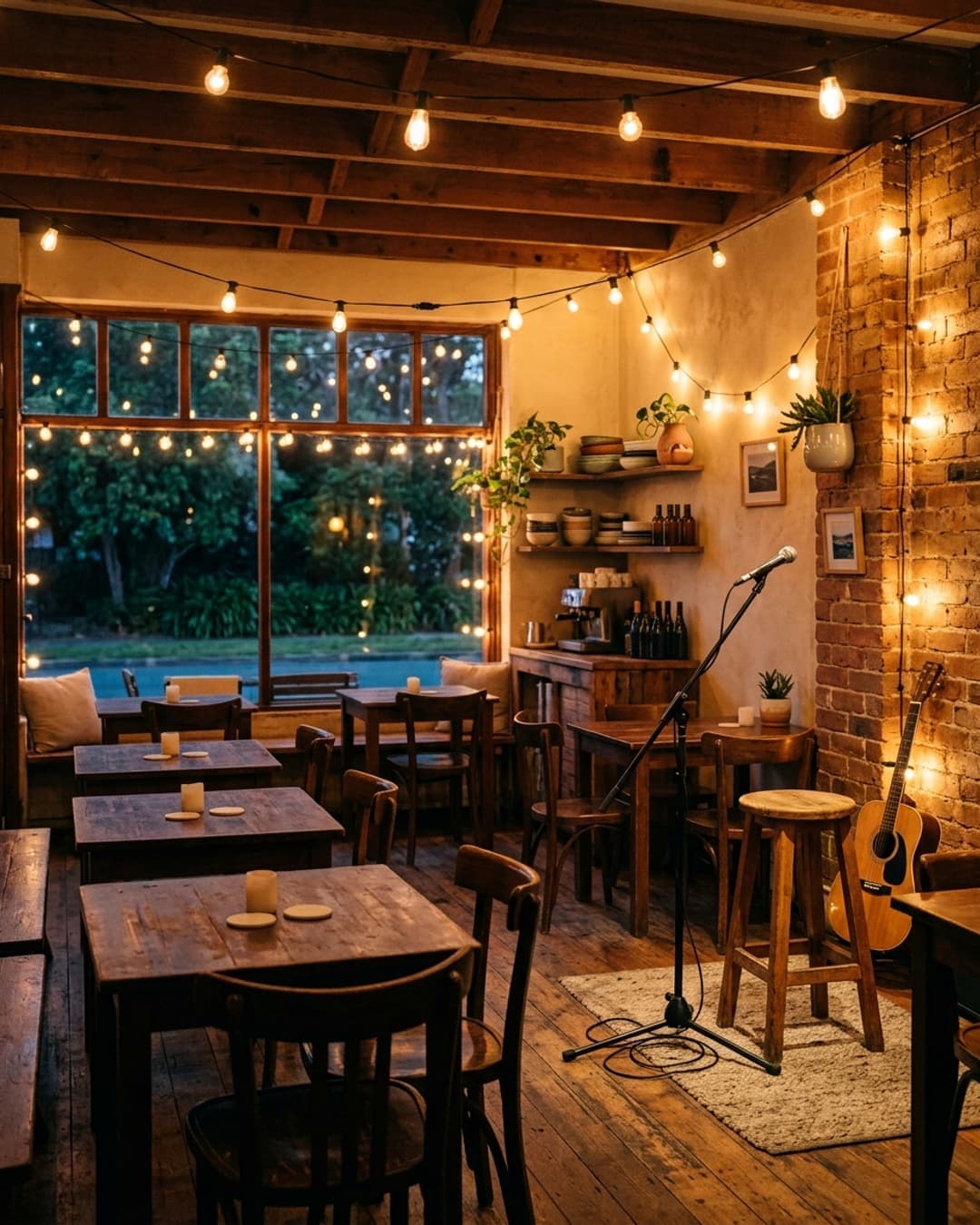Small cafe interior in the evening with warm string lights and a stool and microphone stand in the corner