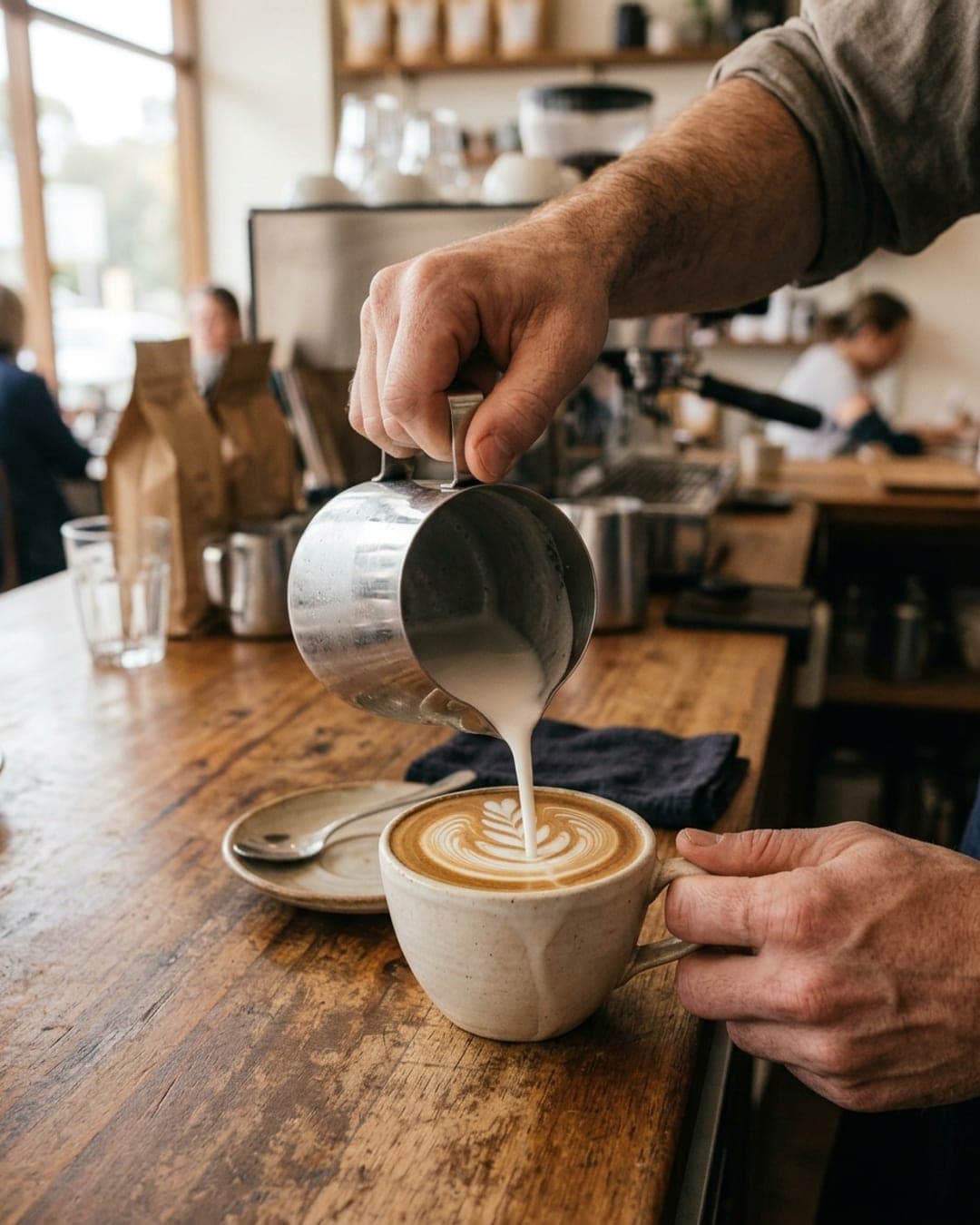 Close-up of a barista’s hands pouring latte art