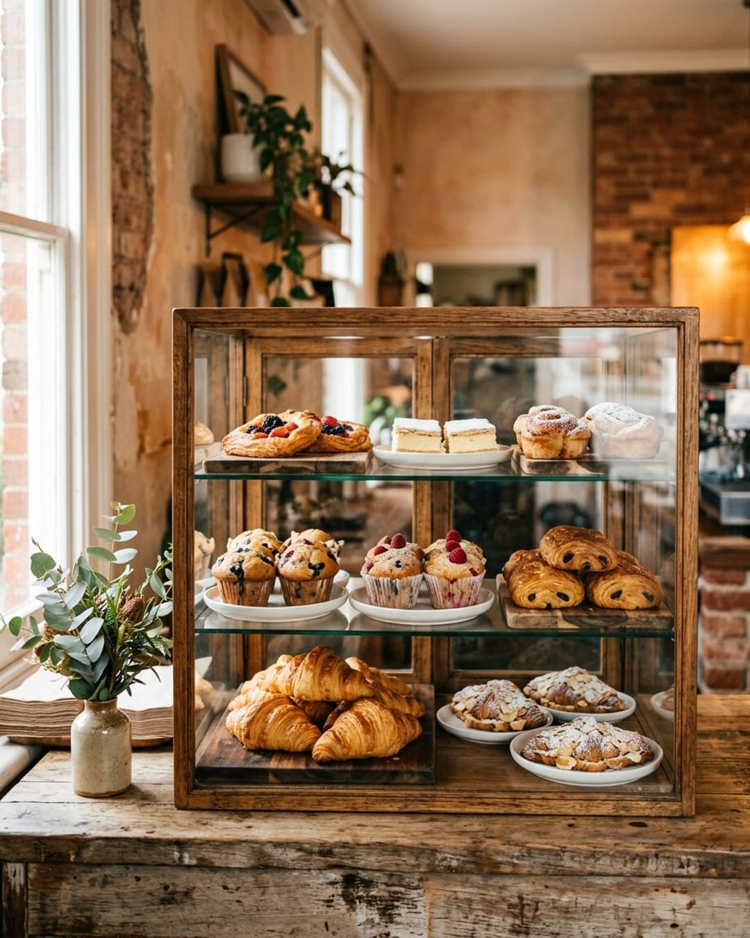Pastry cabinet in a cafe in morning light