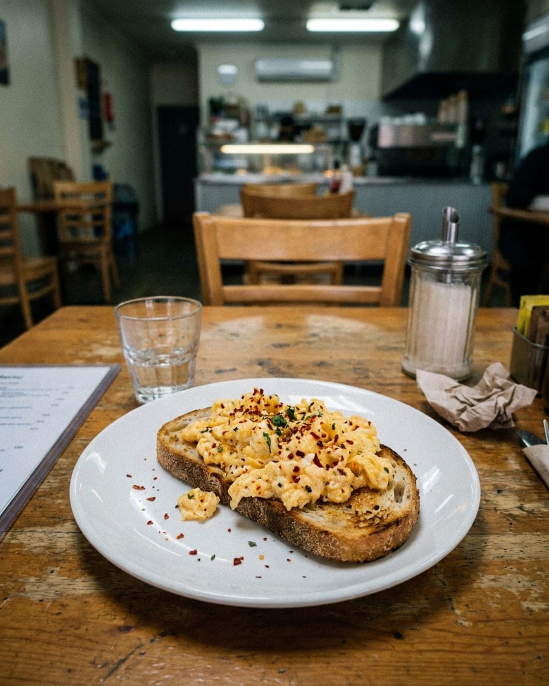 Phone photo of chilli scrambled eggs on sourdough on a cafe table in dim light