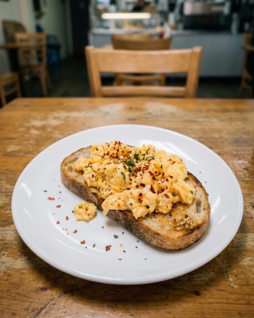 Chilli scrambled eggs on sourdough on a white plate on a timber cafe table, in soft window light