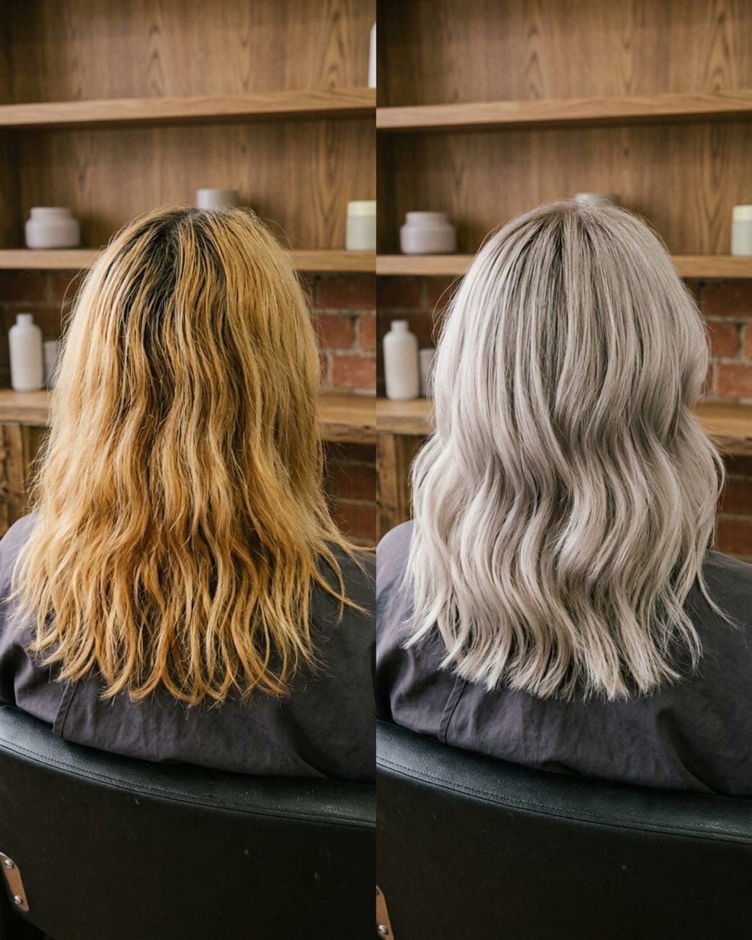 Before and after hair colour seen from behind, brassy blonde on the left and cool blonde on the right