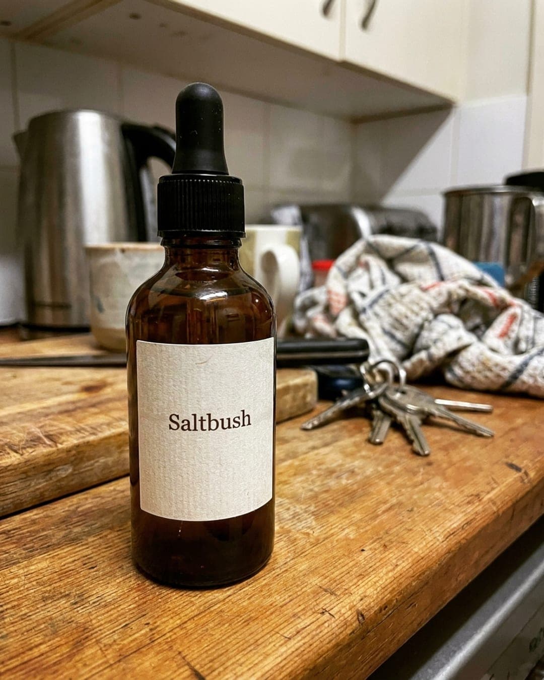 Phone photo of a small amber serum bottle labelled Saltbush on a cluttered kitchen bench