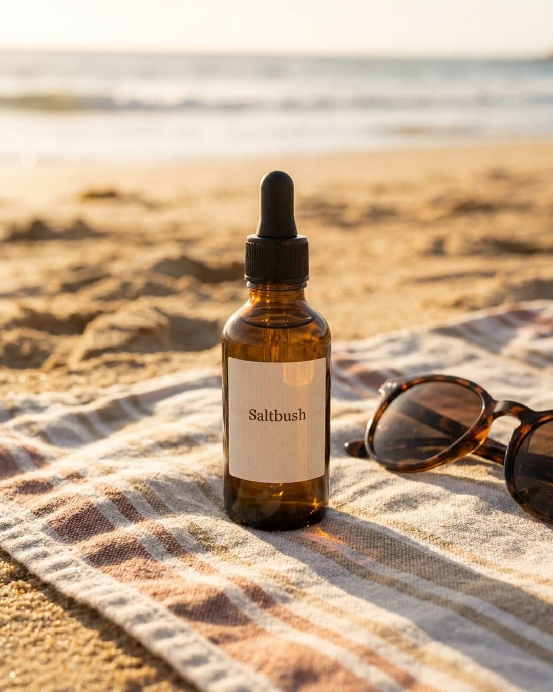 The same Saltbush serum bottle on a beach towel beside sunglasses at golden hour