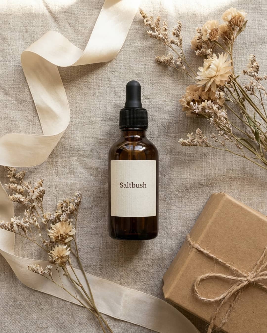 The same Saltbush serum bottle in a gift flat lay with ribbon and dried flowers on linen