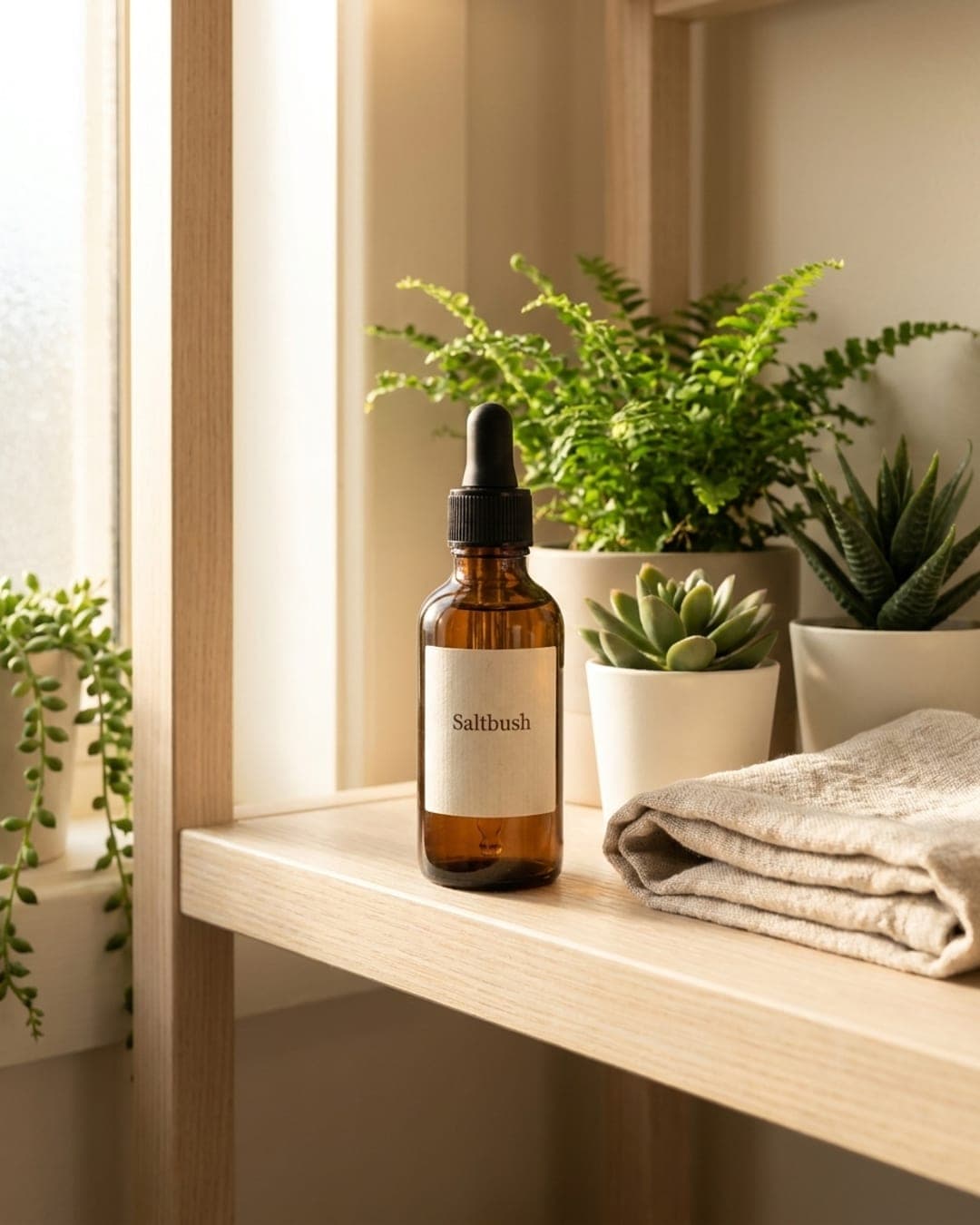 The same Saltbush serum bottle on a bathroom shelf with plants in morning light