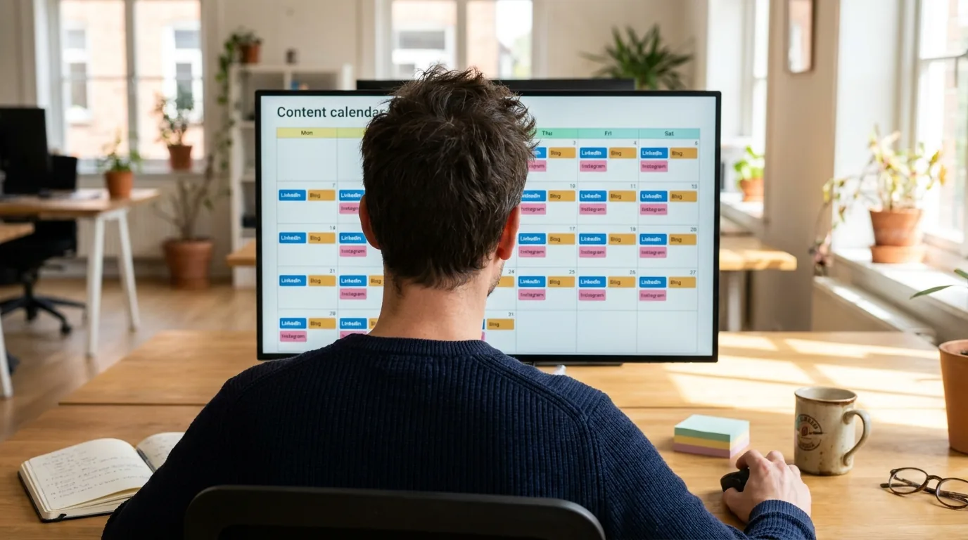 A marketer at a desk, looking at a month's content calendar on a large screen.