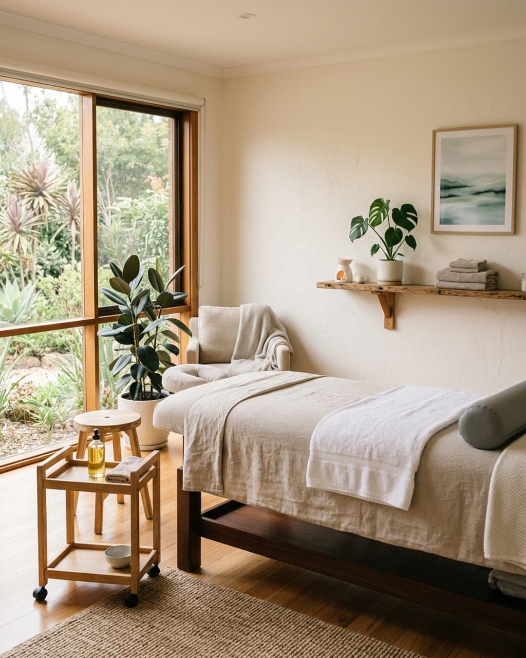 Calm physio treatment room with a treatment table in natural light