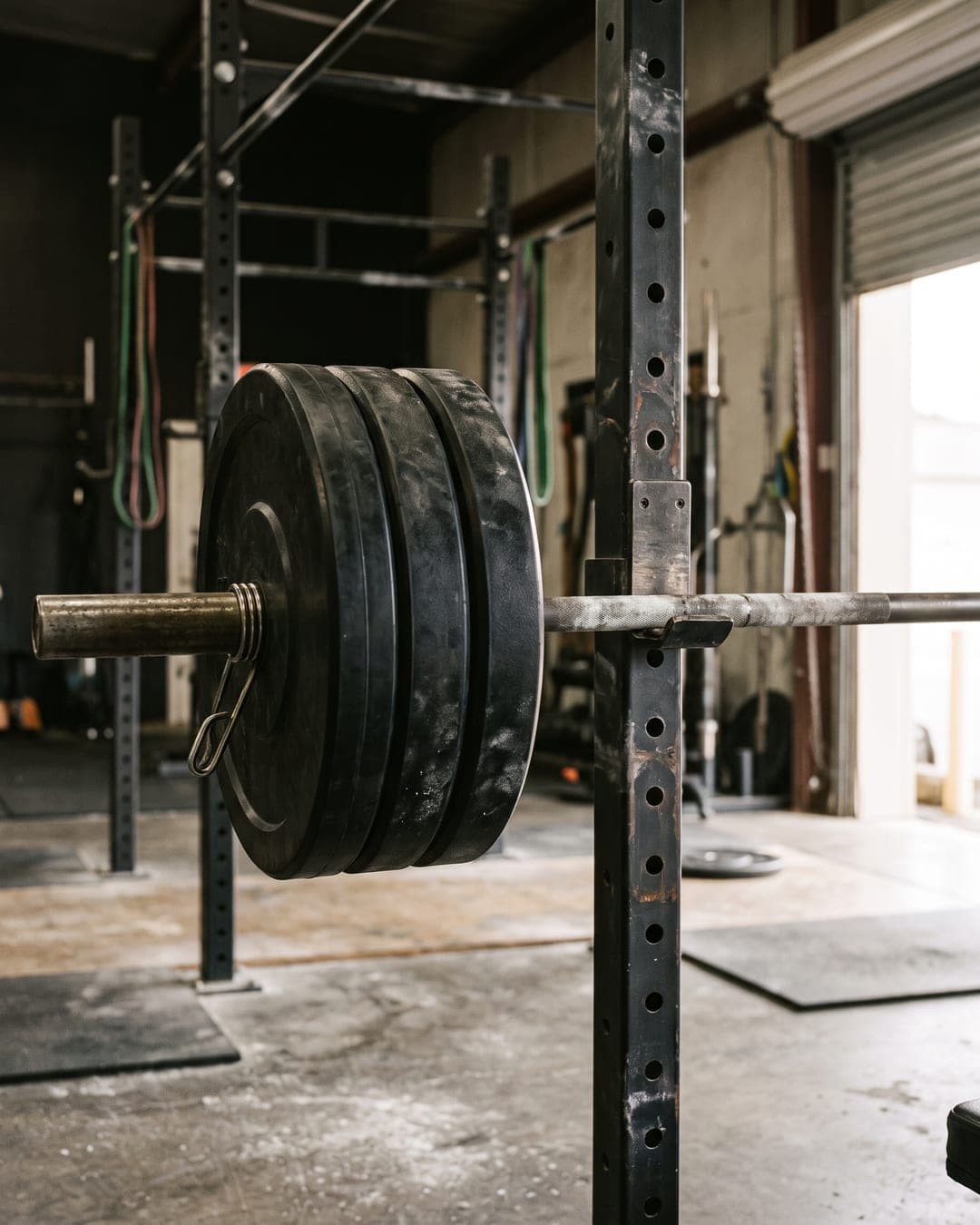 Loaded barbell resting on a squat rack in a small strength gym