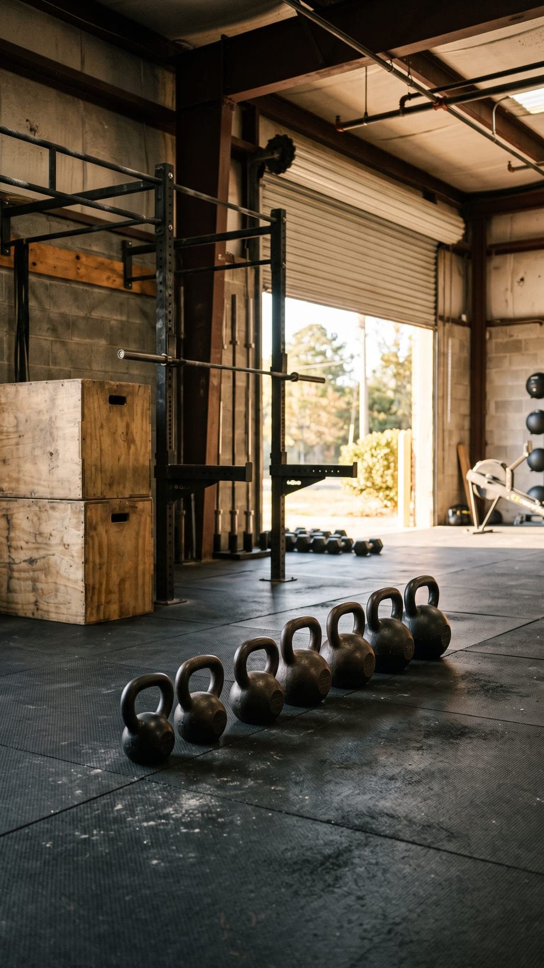 Group class space in a small strength gym with kettlebells lined up on the floor