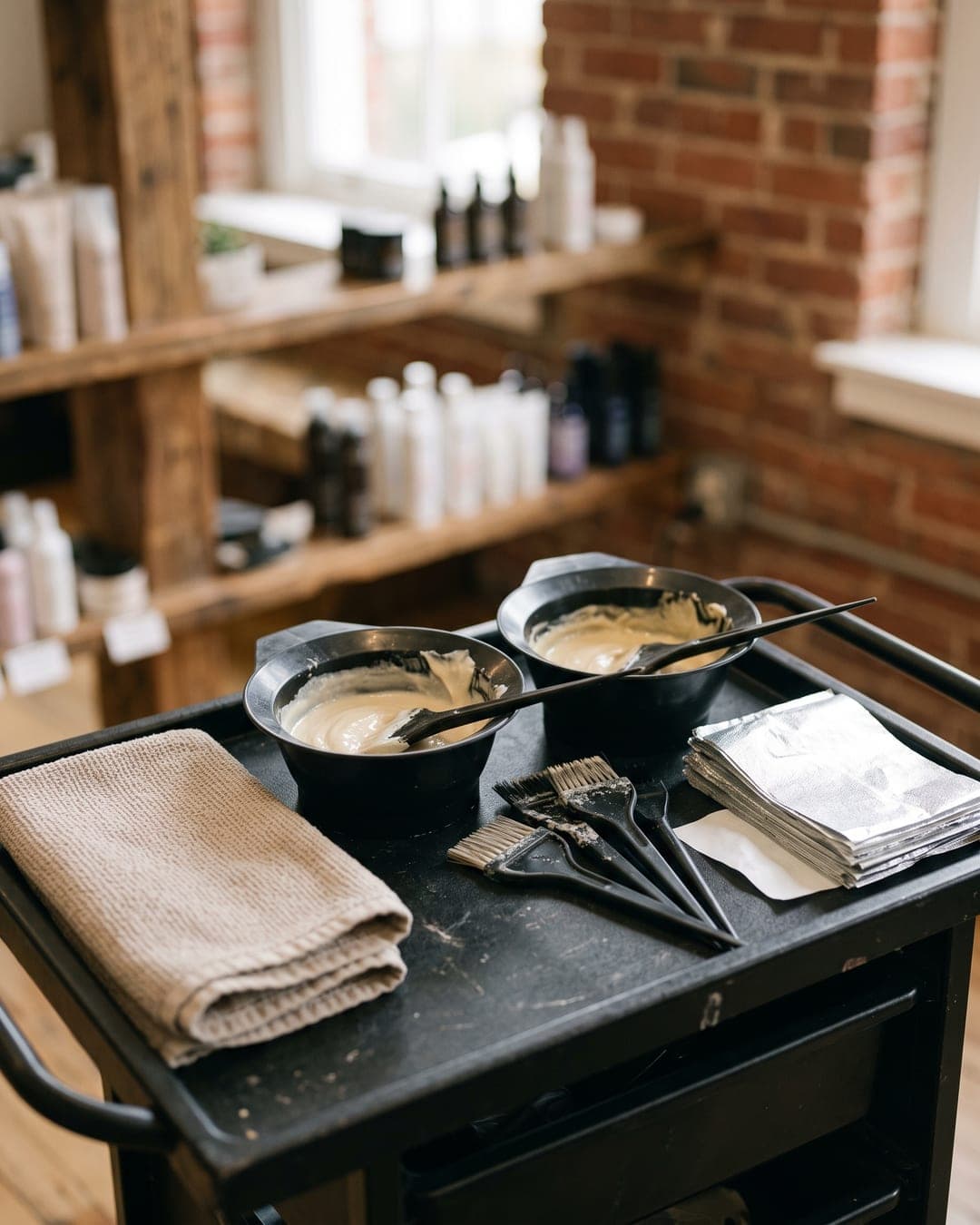 Colour mixing bowls and brushes on a salon trolley in soft light
