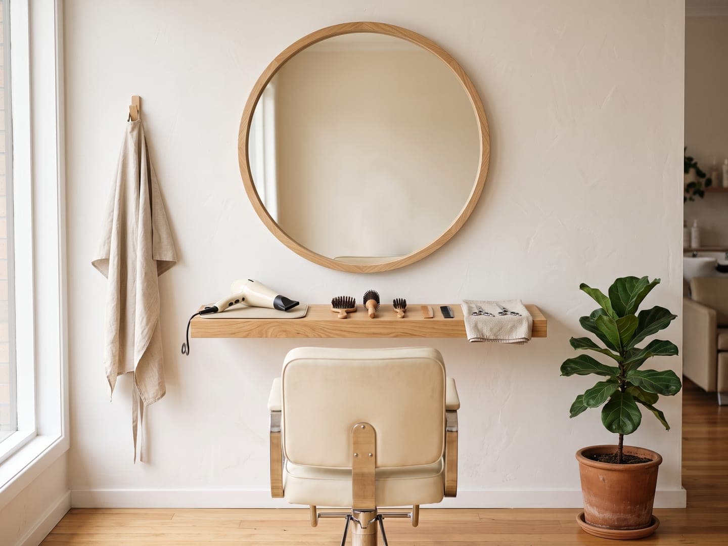 Salon styling station with a round mirror and tools neatly laid out