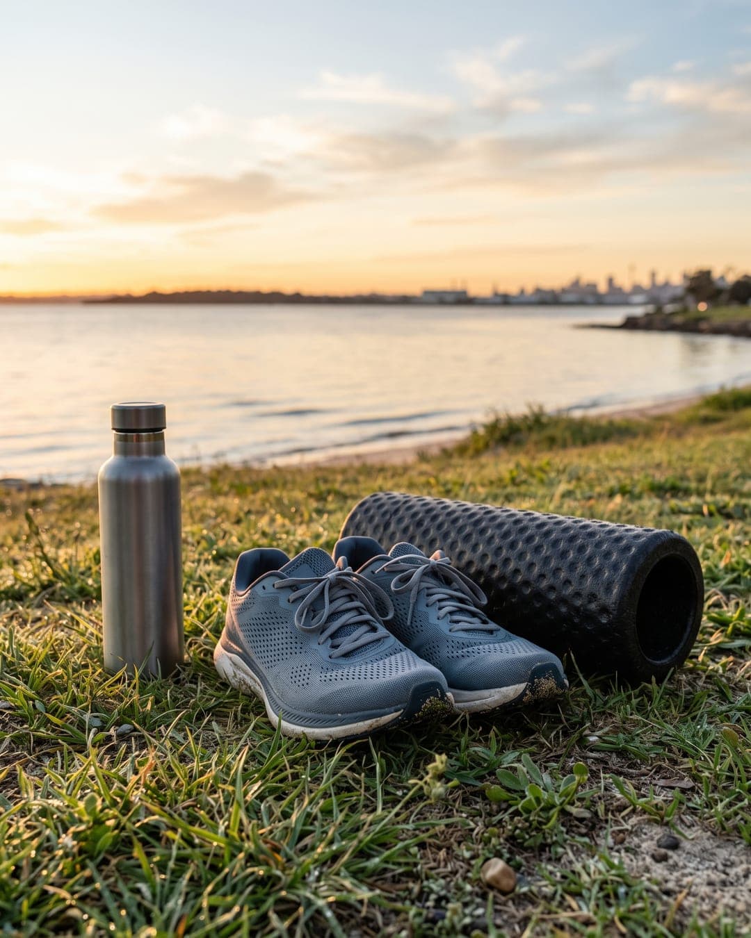 Running shoes, a foam roller and a water bottle on the grass by the bay at sunrise