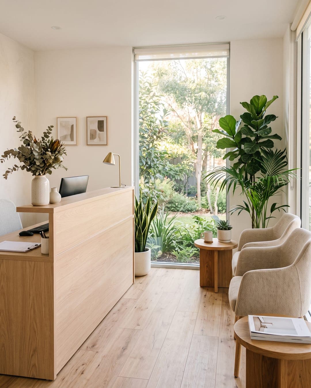 Calm clinic reception with plants, a timber desk and waiting chairs