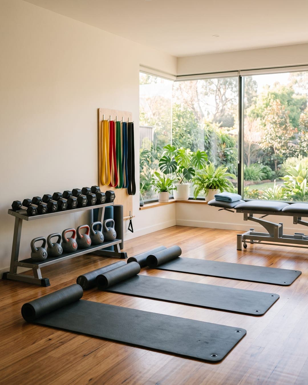 Bright clinic rehab area with exercise equipment and mats in morning light