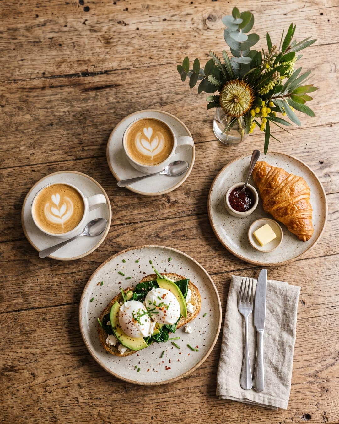 Brunch table from above with coffee cups, plates and a small vase in natural light