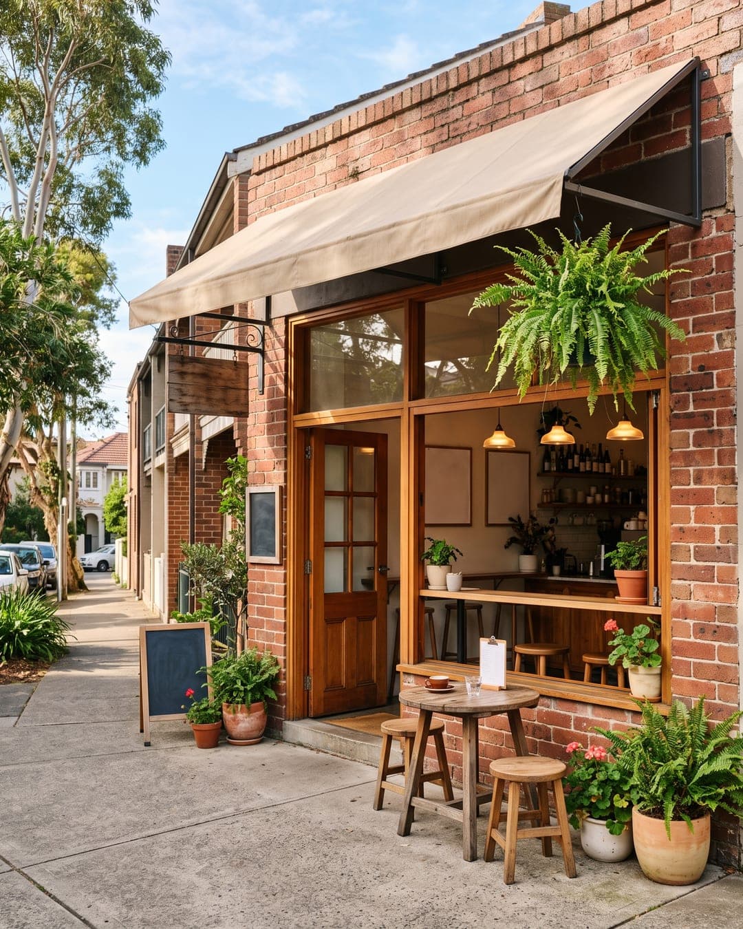 Small brick cafe shopfront on a sunny morning with outdoor tables, stools and potted plants