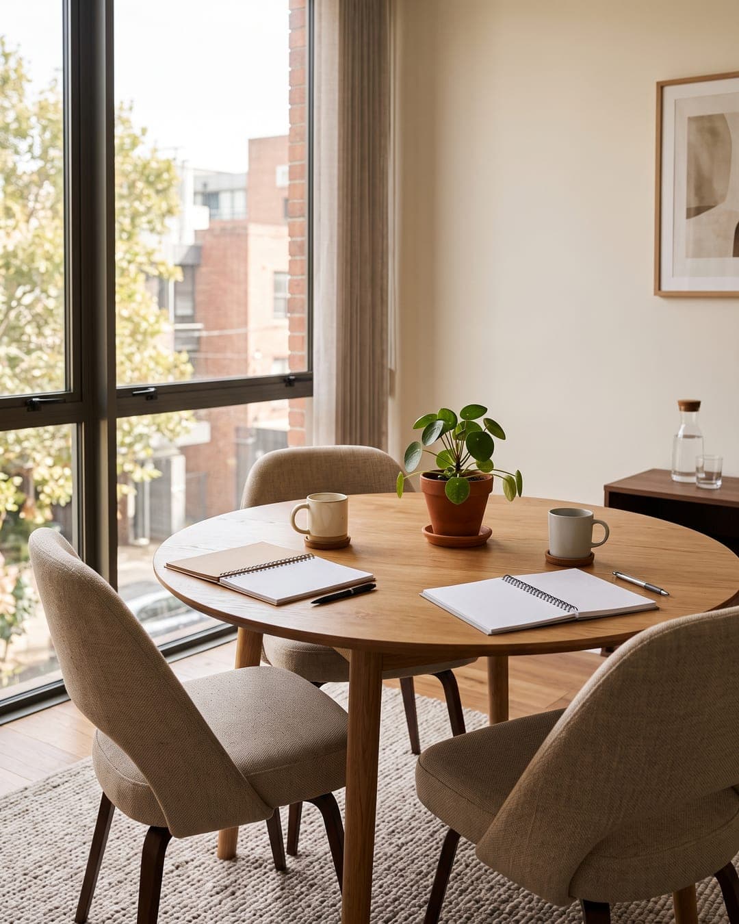 Small meeting room with a round table, coffee cups and notebooks