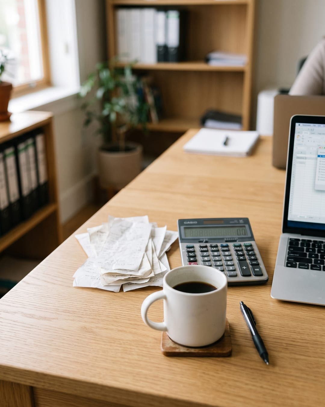 Receipts, a calculator and a laptop on a tidy office desk