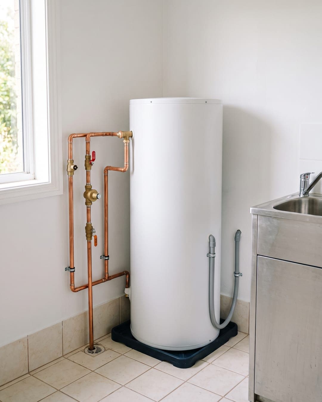 Newly installed hot water system in a clean laundry