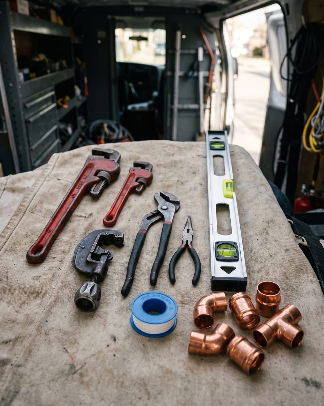Plumbing tools laid out neatly on a drop sheet in the back of a van