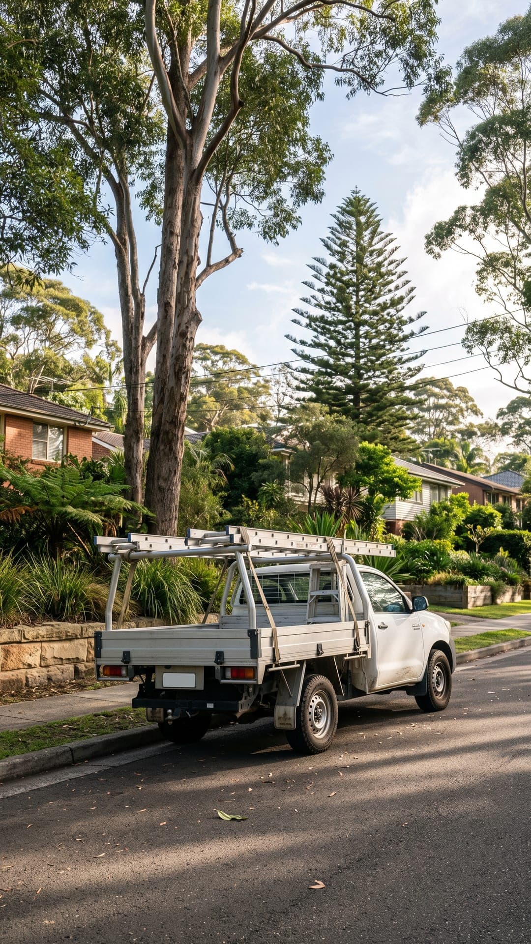White ute parked on a leafy street in morning light