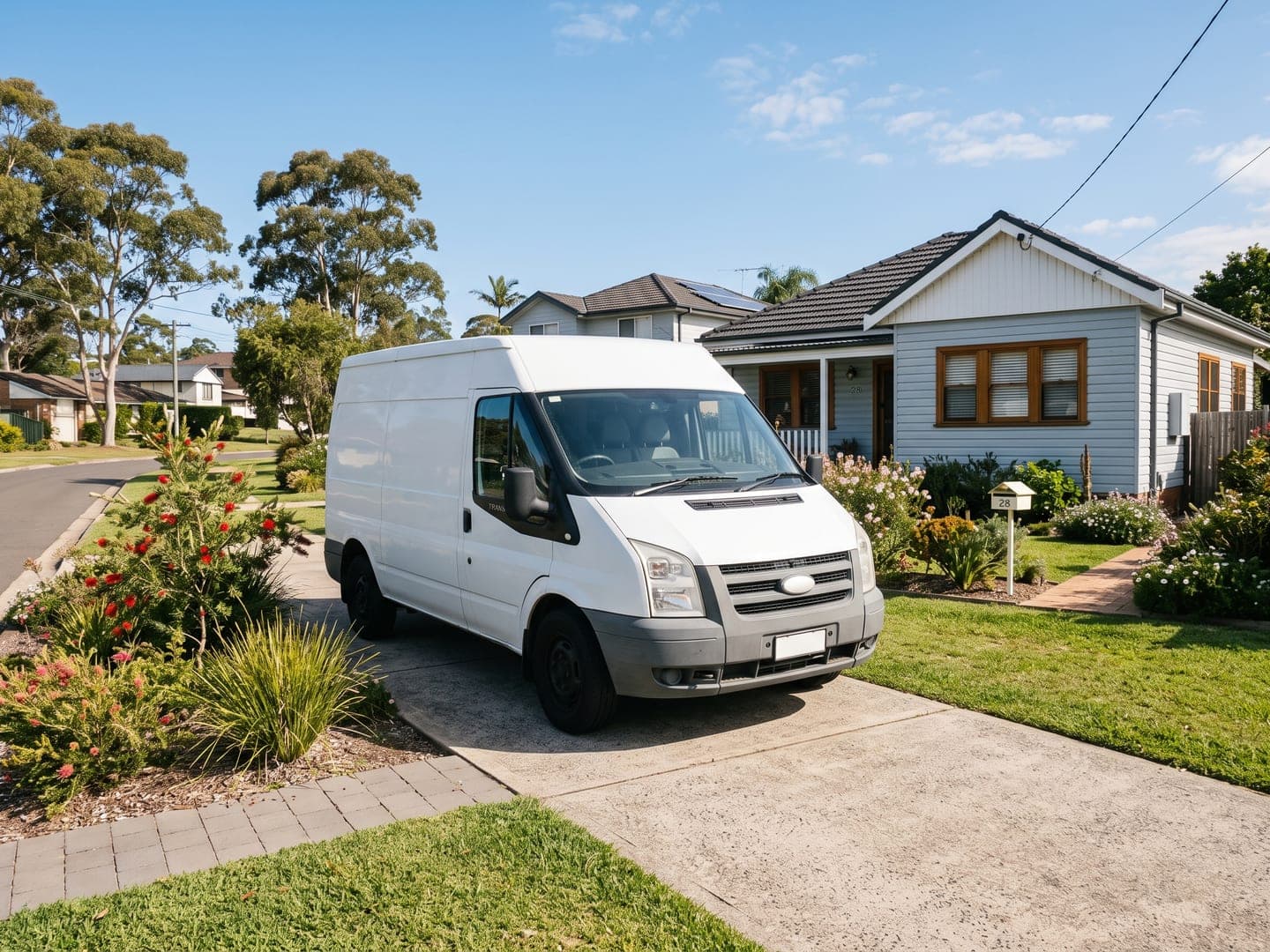 Plain white trade van parked in a driveway on a sunny morning