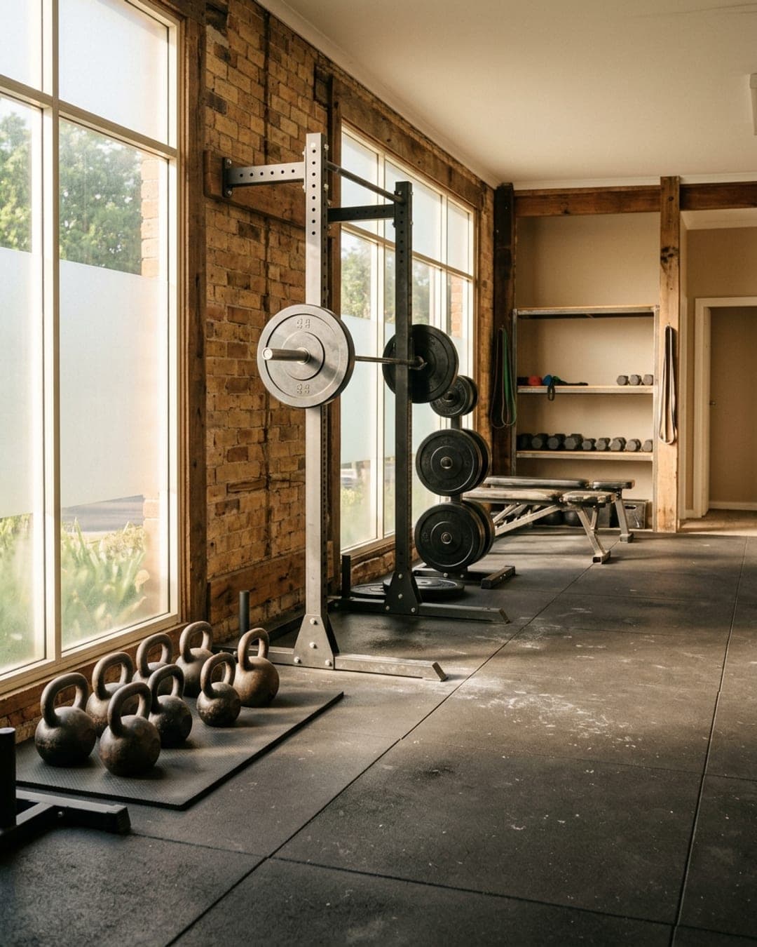 Small strength gym with racks and kettlebells in morning light