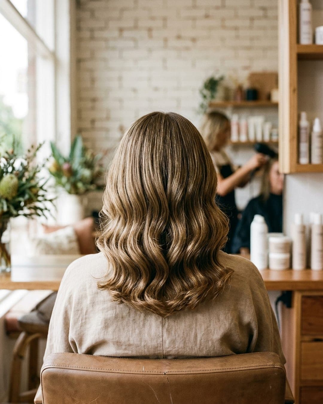 Back of a client’s head with a fresh glossy blow-dry in a salon