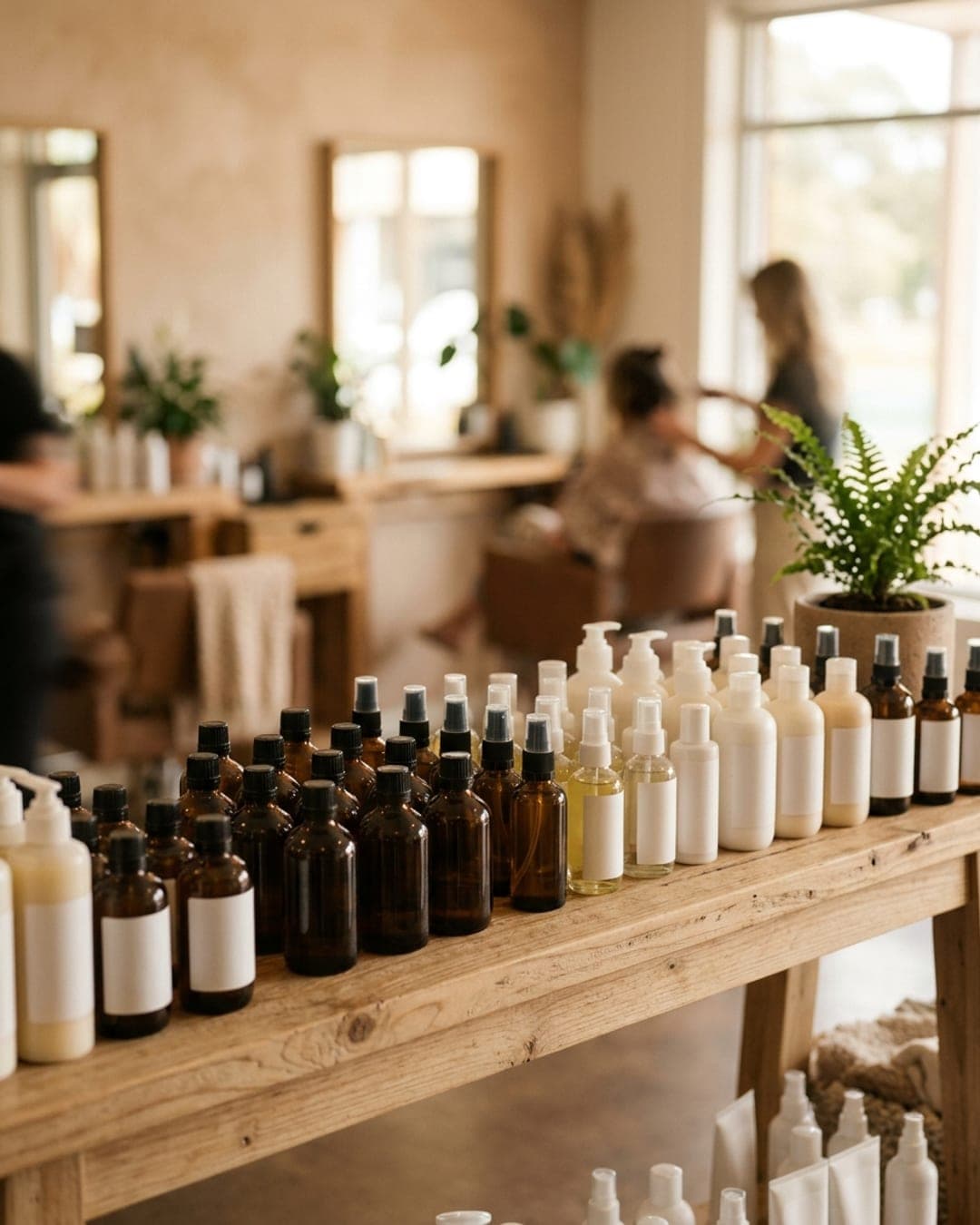 Neat shelf of hair care products in a salon