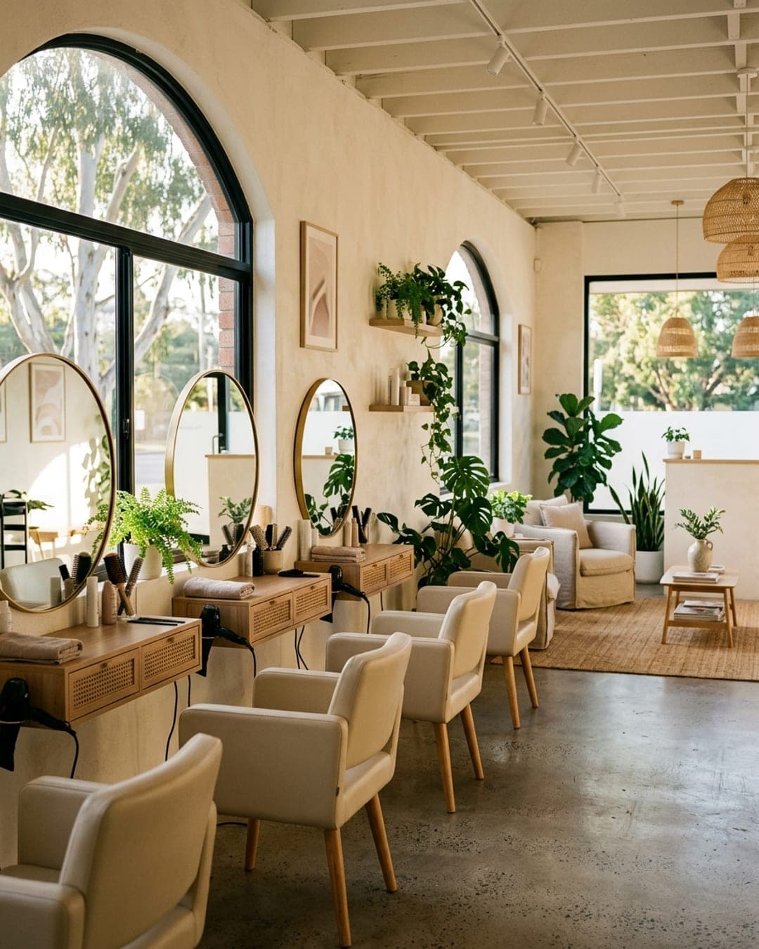 Bright hair salon interior with cream styling chairs, round mirrors and plants in morning light
