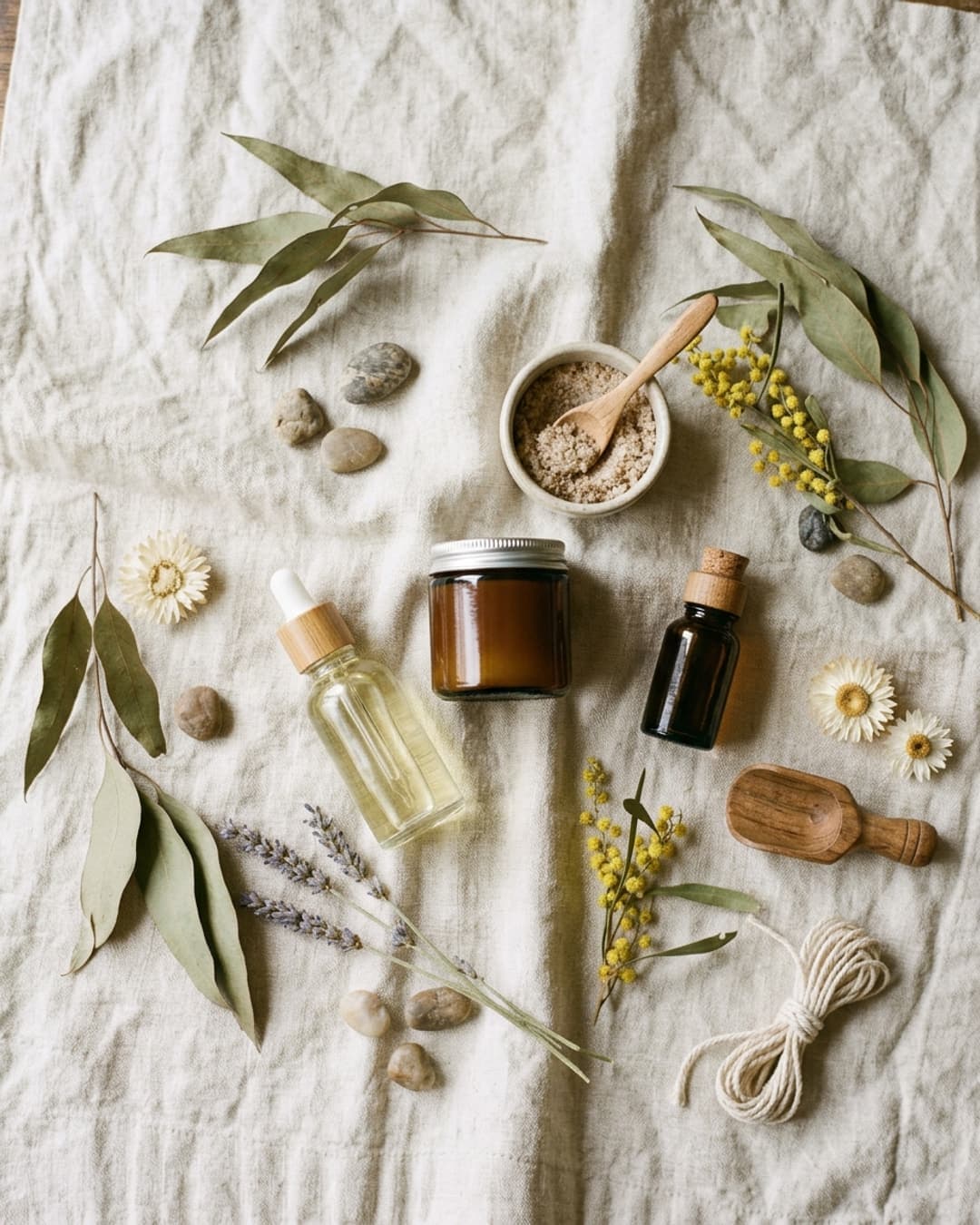 Flat lay of small-batch skincare products on linen