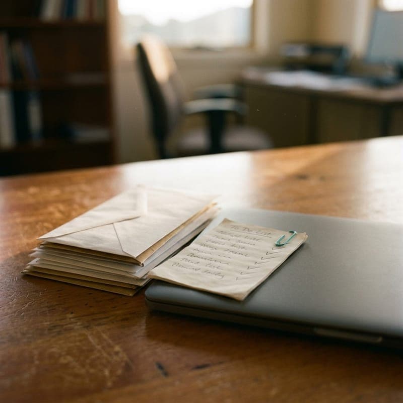 A stack of envelopes and a ticked to-do list on a closed laptop, on a tidy desk in late afternoon light