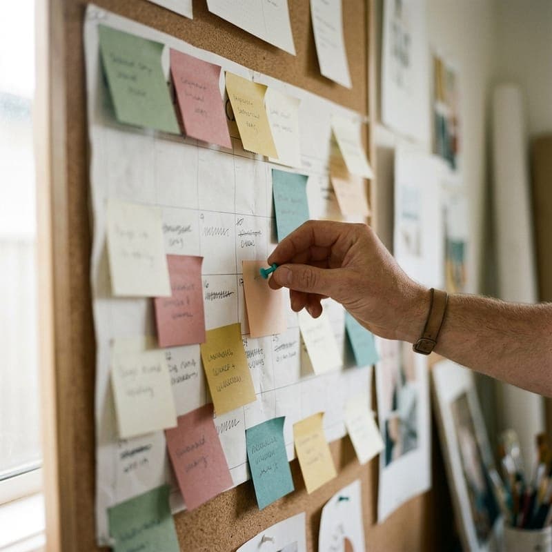 A hand pins a note onto a wall calendar covered in colour-coded sticky notes