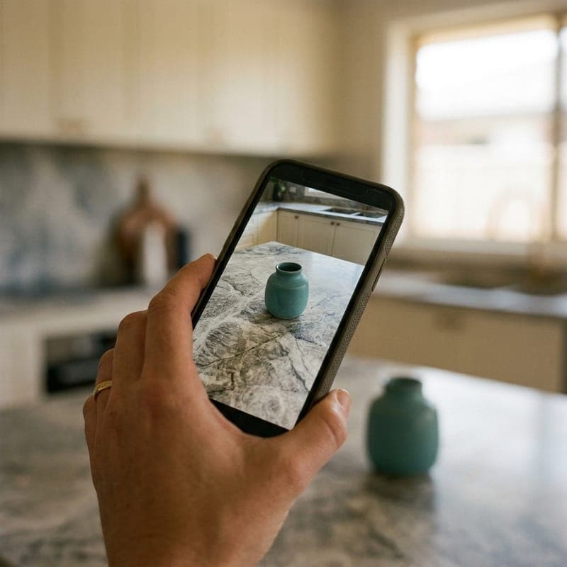 A hand photographs a stone kitchen benchtop with a phone