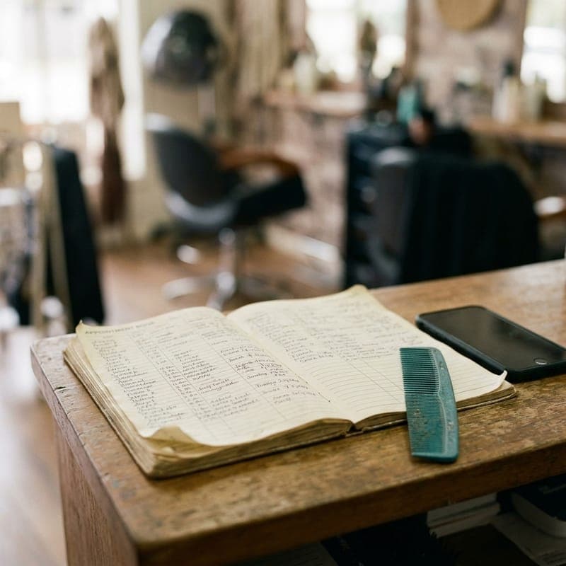 An open appointment book on a salon reception counter, with a phone and a teal comb