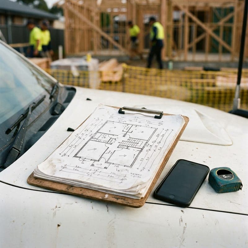 A clipboard with a hand-drawn floor plan on a ute bonnet at a building site, with a phone and a tape measure beside it