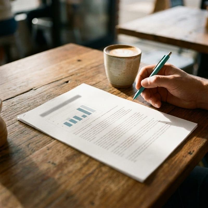 A hand with a teal pen over a printed one-page report, next to a flat white on a cafe table