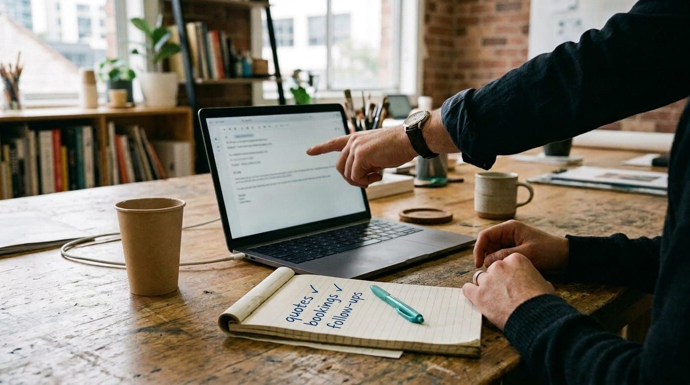 A hand points at an email draft on a laptop on a timber workbench, beside a notepad listing quotes, bookings and follow-ups, a teal pen and a takeaway coffee
